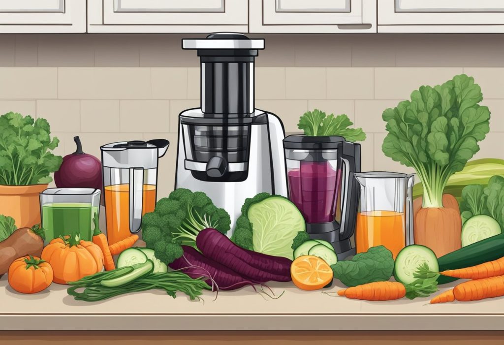 A variety of colorful vegetables arranged on a kitchen counter, including leafy greens, carrots, beets, and cucumbers. A juicer and glass are nearby