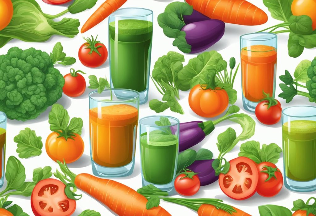 A colorful array of fresh vegetables, including carrots, spinach, and tomatoes, are being juiced, with the vibrant liquid pouring into a glass