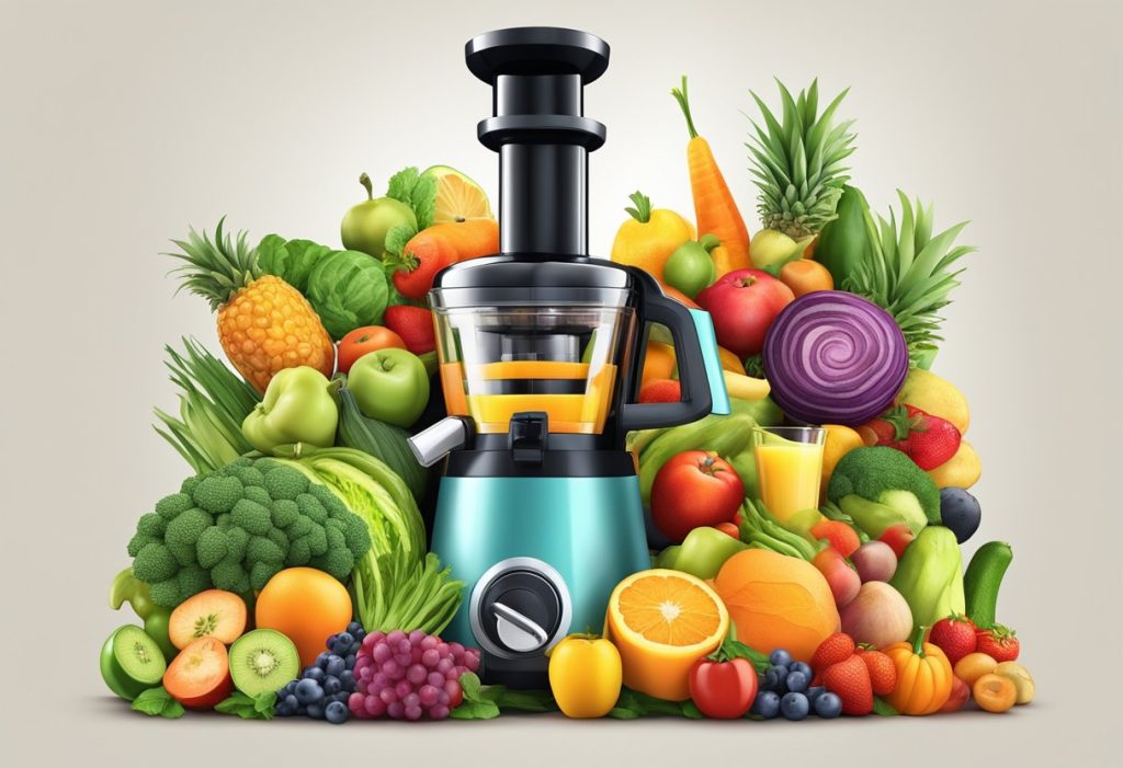A colorful array of whole fruits and vegetables overflowing from a juicer, with fresh juice flowing into a glass, surrounded by vibrant produce