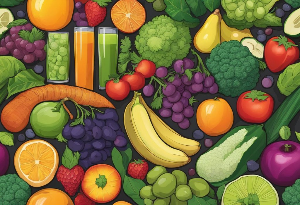 A variety of fresh fruits and vegetables are displayed, with a focus on vibrant colors and textures. A glass of freshly squeezed juice is surrounded by whole fruits and vegetables, highlighting the connection between juice and fiber