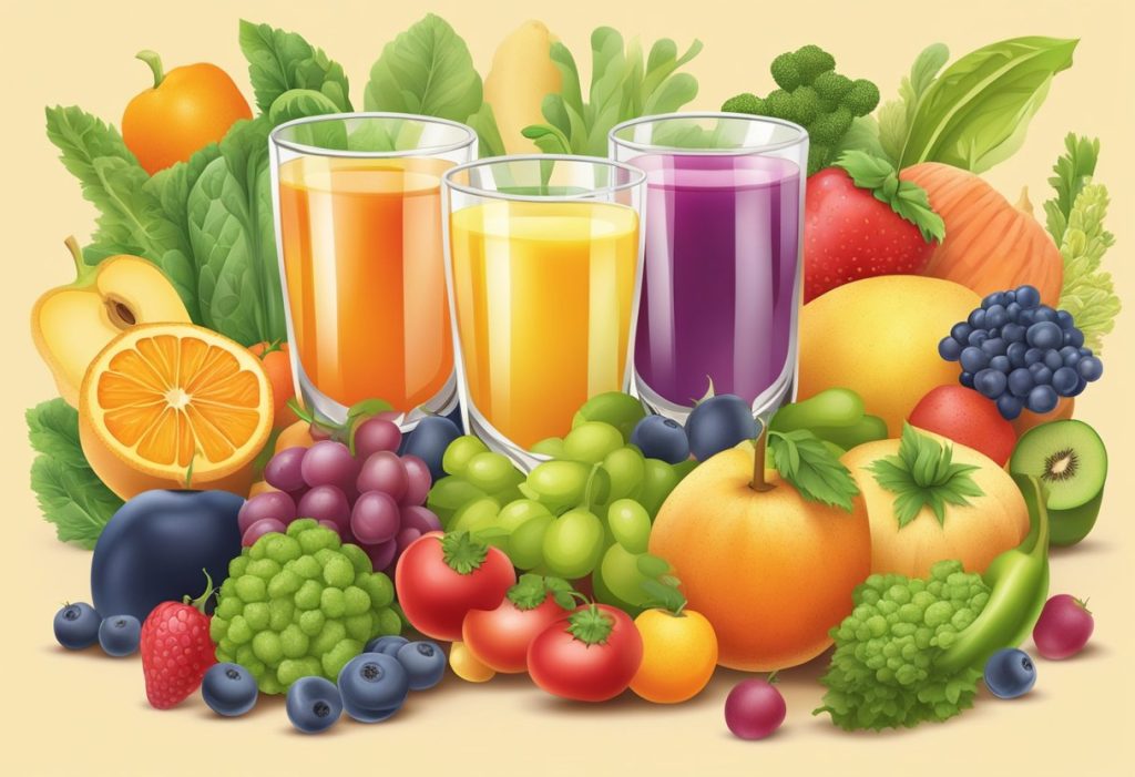 A glass of juice surrounded by a variety of fruits and vegetables, with a fiber-rich symbol in the background
