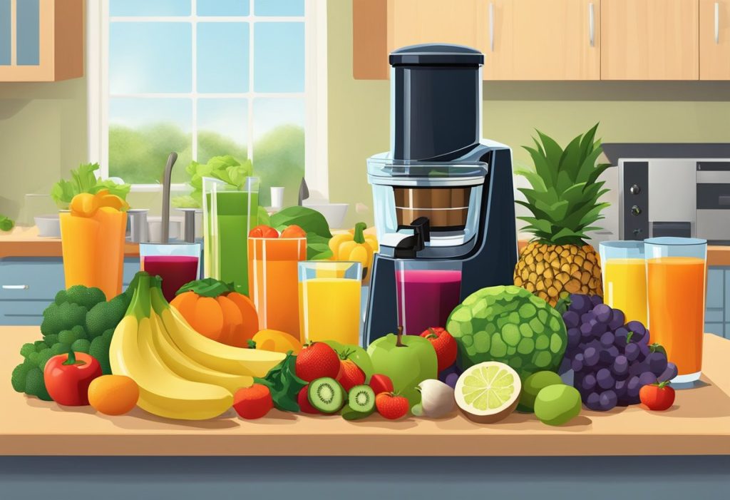 A colorful array of fresh fruits and vegetables piled high on a kitchen counter, with a juicer and a glass of vibrant, nutrient-rich juice