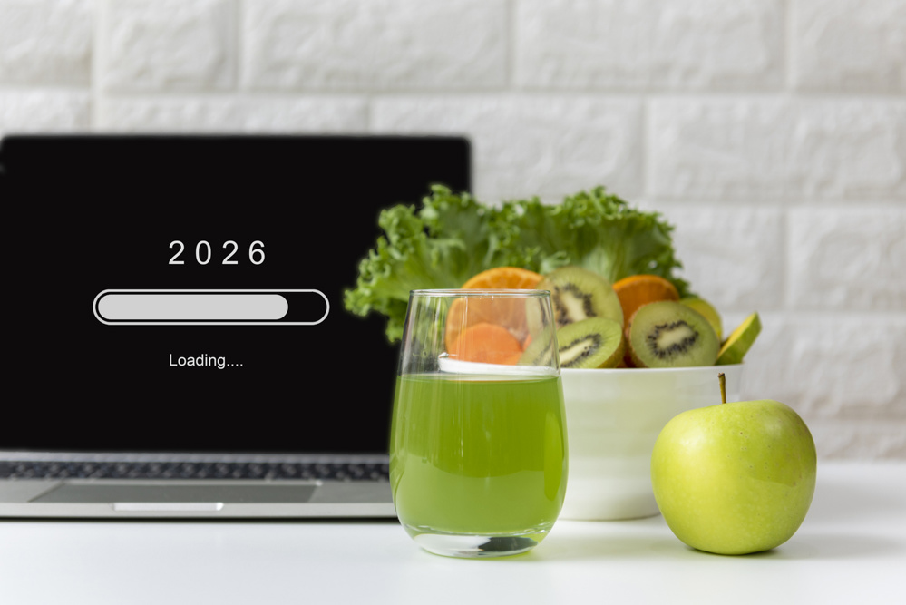 Loading year 2026 for start new business and new life. Healthy fresh healthy salad and vegetable green water for diet with working in office