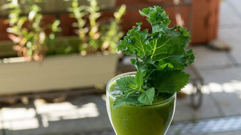 kale leaf over a glass of kale juice
