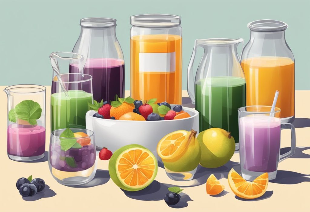 A table with various fruit juices in labeled containers, a pile of sugar cubes, and a measuring cup