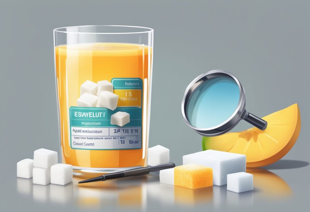 A glass of fruit juice with a pile of sugar cubes next to it, a nutrition label, and a magnifying glass inspecting the sugar content
