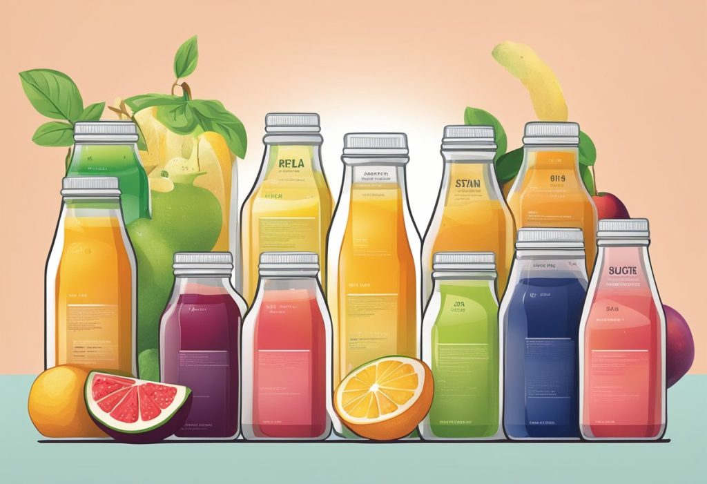 A variety of fruit juices arranged on a table with their corresponding nutritional information displayed next to each bottle