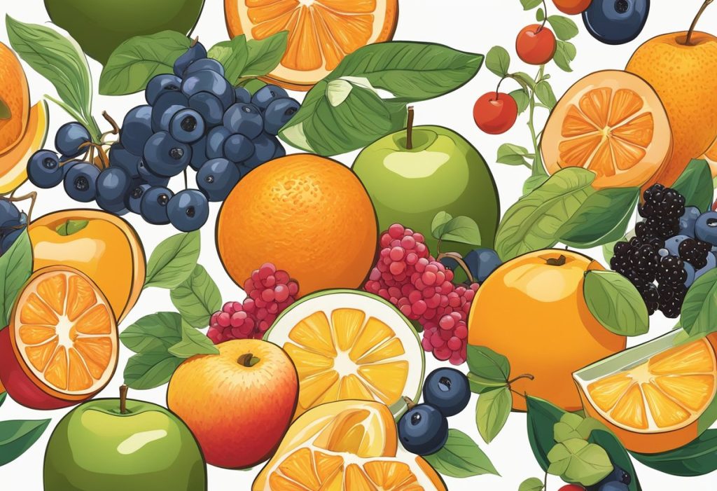A colorful array of assorted fruits, such as oranges, apples, and berries, are being juiced with a modern, sleek juicer. The vibrant liquid pours into a glass, surrounded by whole fruits and leaves