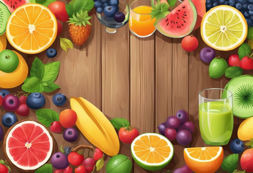 A variety of fresh fruits surround a glass of colorful juice, with slices and peels scattered on a wooden table