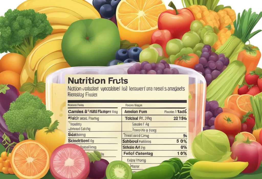 A colorful array of fresh fruits and vegetables, a glass of fruit juice, and a nutrition label with key facts and benefits