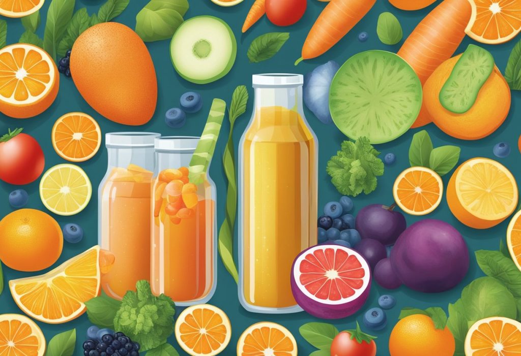 A colorful array of fruits and vegetables, such as oranges, carrots, and berries, are being juiced into a glass, surrounded by a variety of vitamin supplements and nutritional charts