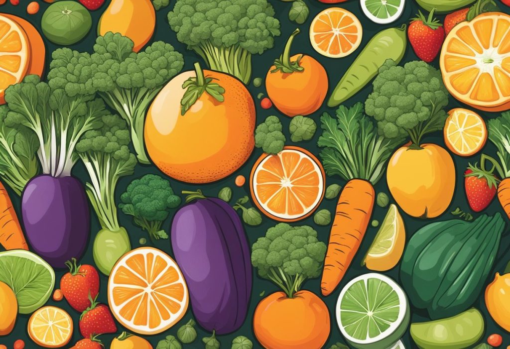 A colorful array of fresh fruits and vegetables, such as oranges, carrots, and kale, are being juiced into a vibrant and nutrient-rich beverage