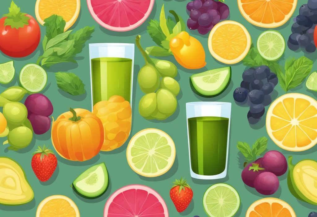 A glass of juice surrounded by a variety of fruits and vegetables, with a spotlight highlighting the vitamins and nutrients present in the drink