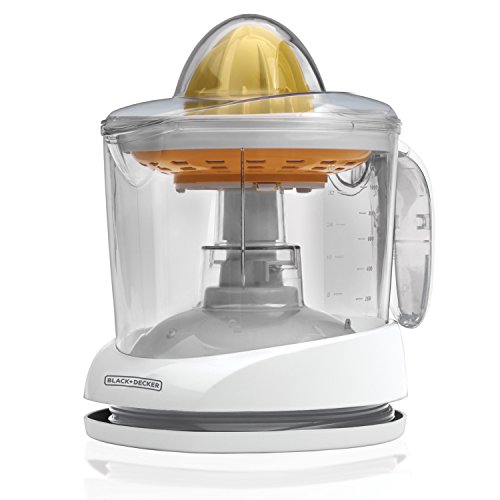 Product Description Black & Decker, white citrus Juicer, large QT sized pitcher, adjustable pulp control, automatic self reversing reamer with stirrer, small & large cones for differing sized fruit, easy pour spout, strainer separates seeds from juice.