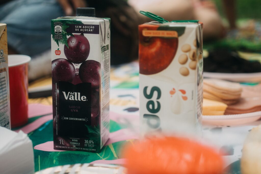 close-up of juice boxes