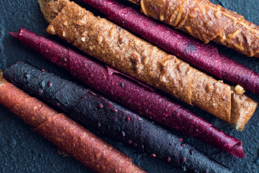 Homemade fruit leather of of apple, apricot, strawberry and blueberry